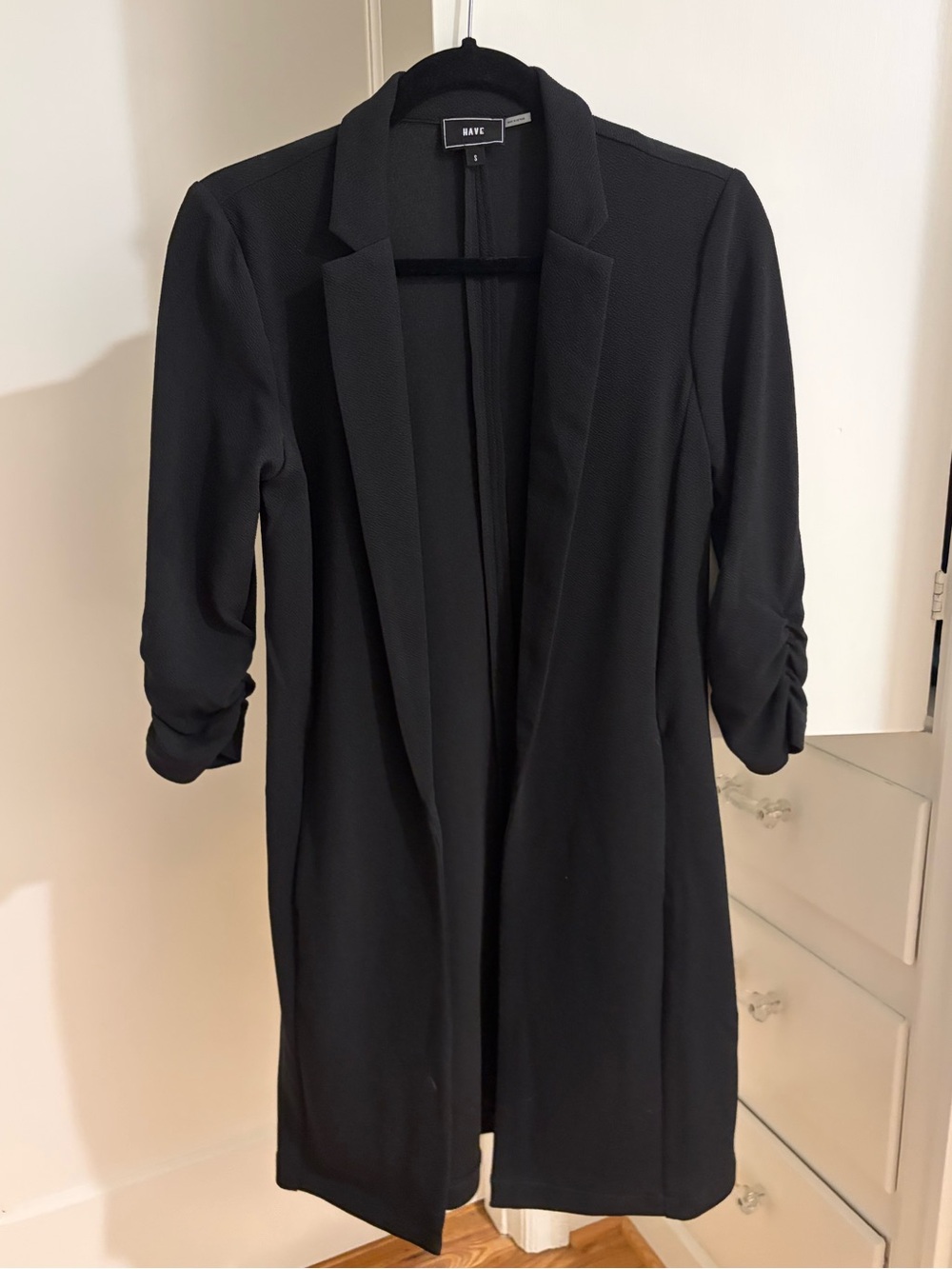 RAYE Black Open-Front Long Blazer with Ruched Sleeves
